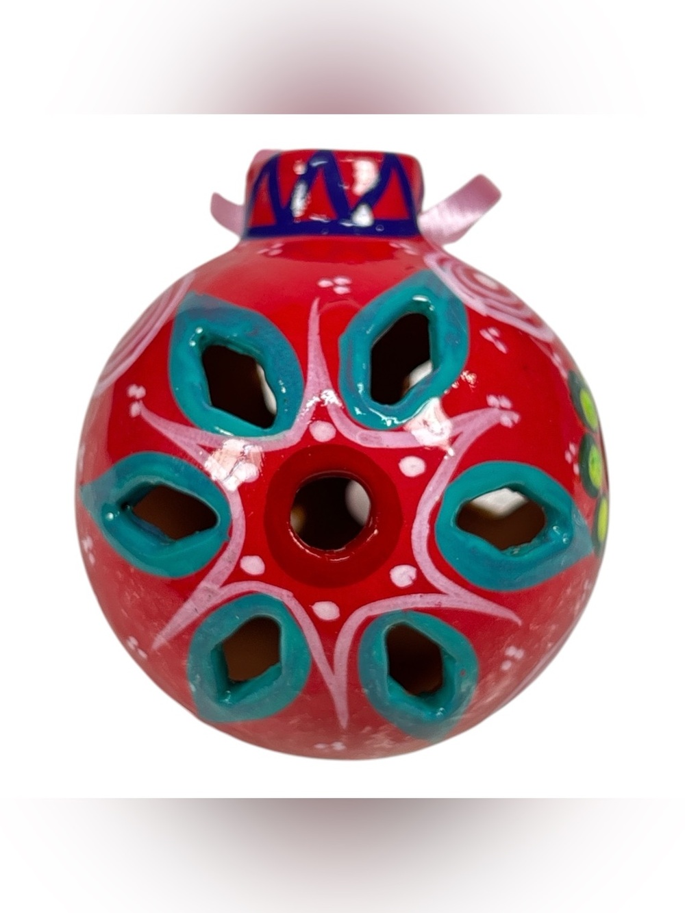 Pink Taravera Mexican Folk Art Clay Hand Painted Christmas Ornament Ball Floral